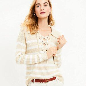 NWOT LOFT  Striped Grommet V-Neck Lace Up Polo Chunky Sweater in Tan & white